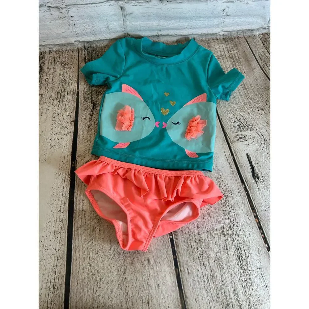 CARTER’S Girl’s Rashguard 2 Piece Swim Set Featuring a Fish Graphic / Size: 9 mo